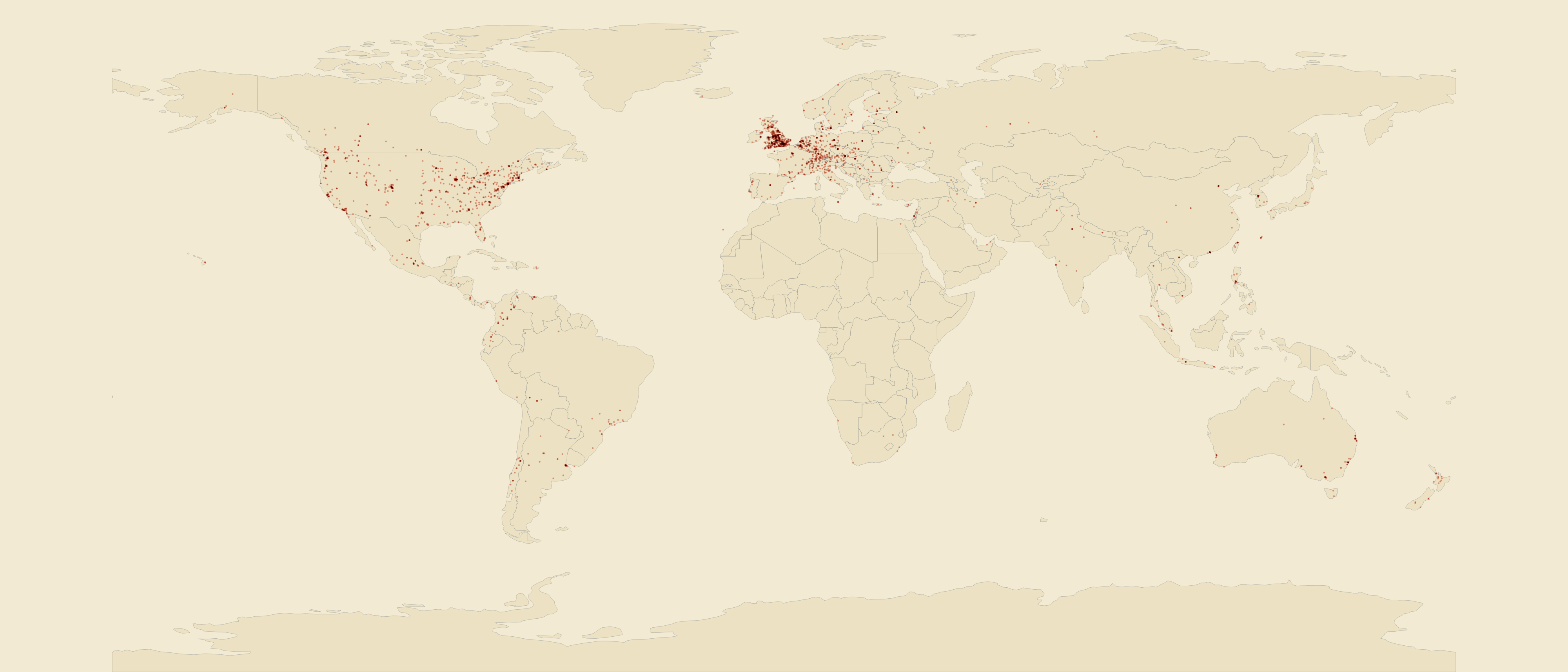 Every climbing gym on BoulderingList, mapped worldwide
